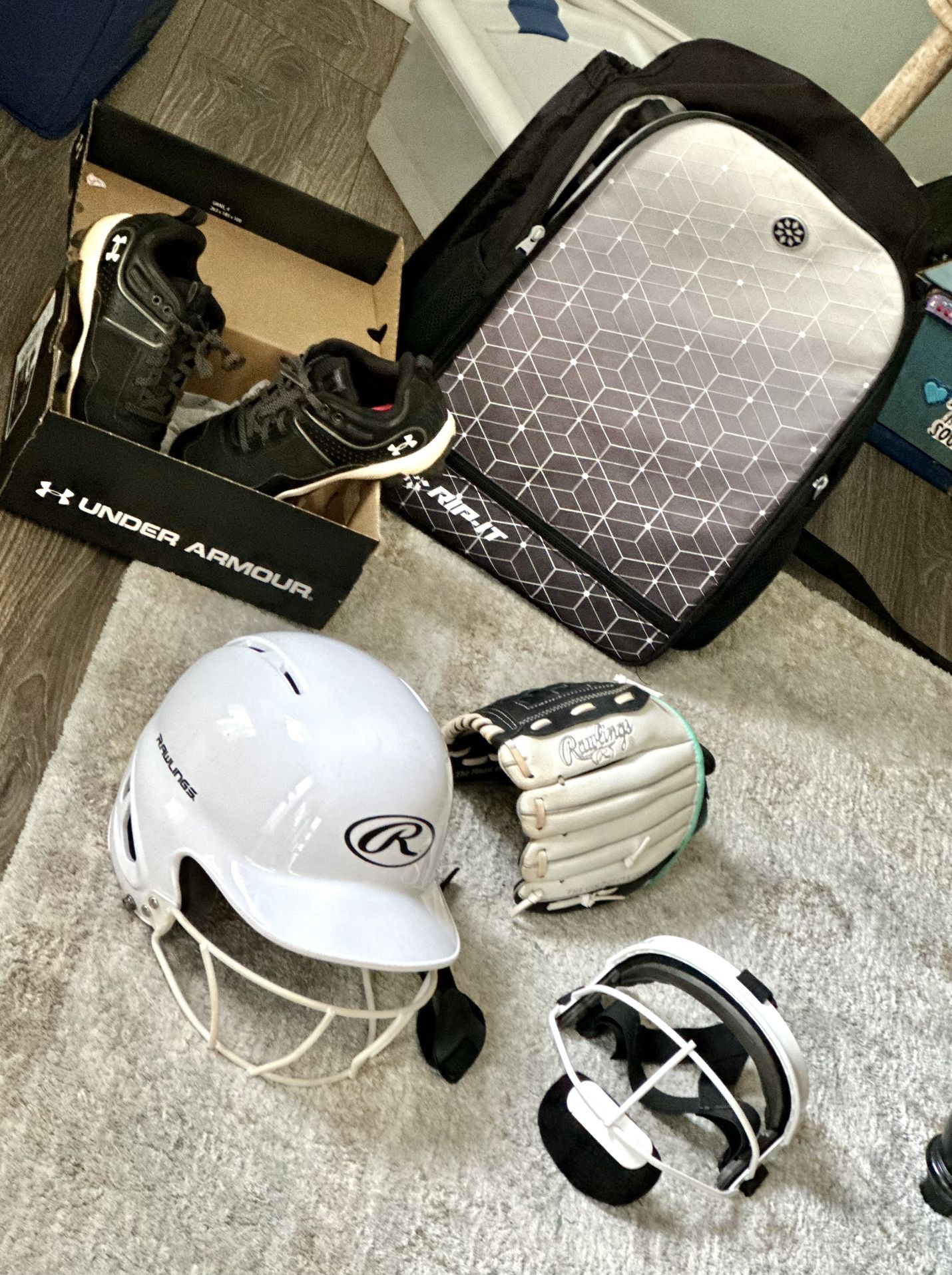 Softball gear: Bag, Glove, Helmet, Face Guard