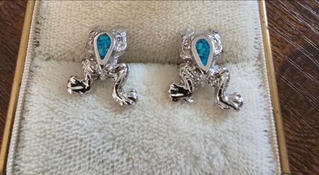 Silver Frog Earrings with Turquoise Inlay