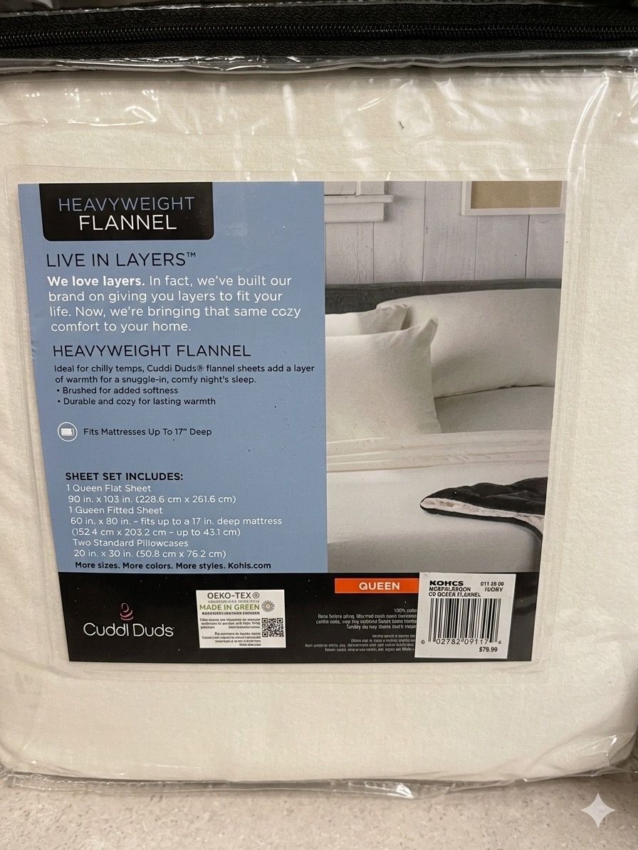 New Cuddl Duds Queen Heavyweight Flannel Sheet Set - Ivory (NIP)