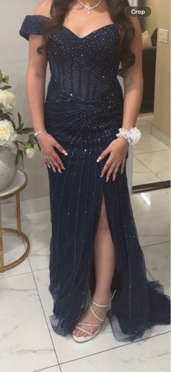 Navy Blue Sequin Off-Shoulder Formal Gown