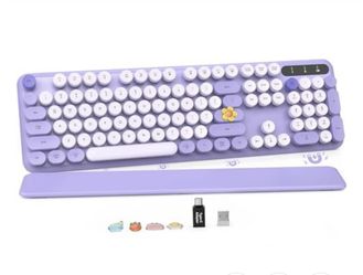 Wireless Keyboard, Round Keycaps, Retro Typewriter Keyboard w/ Detachable Wrist Rest, 2.4GHz Purple