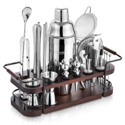 KITESSENSU Cocktail Shaker Set Bartender Kit with Stand | Complete 24-Piece Bar Set Cocktail Kit with All Bar Accessories: Martini Shaker, Jigger, Mud