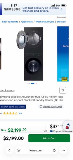 Samsung Bespoke Al Laundry Hub 4.6-cu ft Front loac Washer and 7.6-cu ft Stacked Laundry Center
