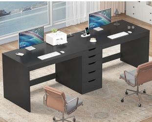 79 Inch 2 Person Desk with 5 Drawers & Outlets for Home Office, living Room Long Computer Desk with Storage File Cabinet, Double Office desk with