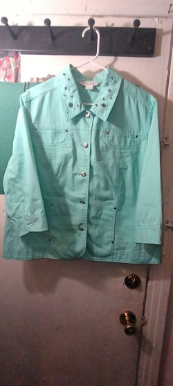 Vintage TanJay Turquoise Aqua Embellished Denim Jacket Women's Size 16 Studded