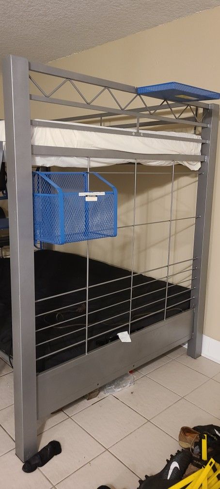 Full Size Bunk Bed. Desk. Futon Loft Space. Shelf Space.