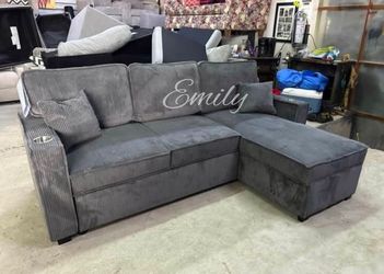 Beautiful! 2-Pc Corduroy Sectional Sofa With Pull-out Bed,  Storage, And USB Port