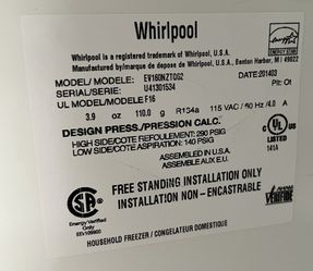 Whirlpool upright freezer, energy star, white