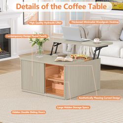 Modern Square Coffee Table, 31.5" Fluted Lift Top, Adjustable Shelves & Sliding Door-Light Grey Oak