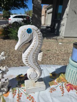 White Carved Wood Seahorse Figurine on Stand