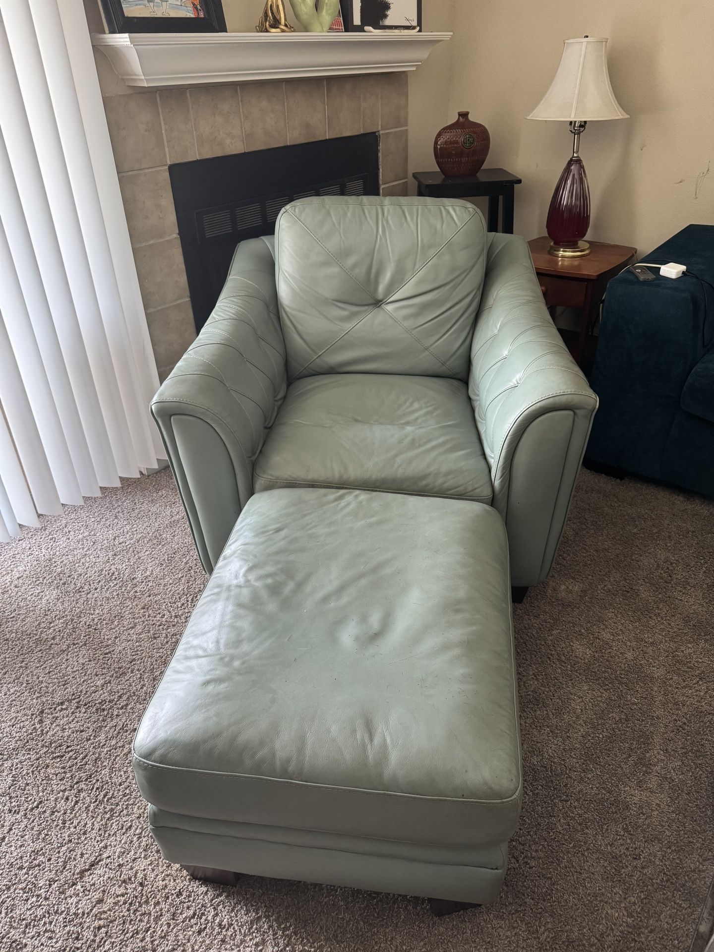 Green Leather Armchair & Ottoman Set