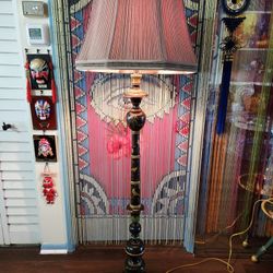 Mid 20th Century (50's, 60's) Handpainted Gold Birds Flowers Wooden Floor Lamp 53" Silk Shade 19"