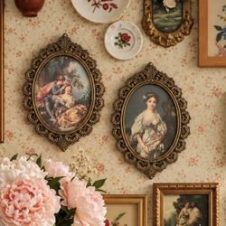 Vintage Pair 2 Ornate Gold Oval Wall hanging Art Frames Cast Metal Romantic Rococo Victorian Prints