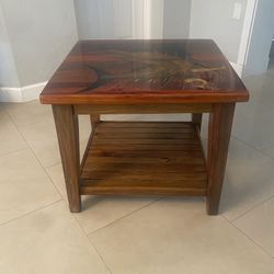 Square Wood Painted Fish Side Table
