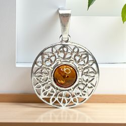 Amber & Sterling Silver Intricate Filigree Pendant With Circular Design