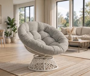 Swivel Papasan Chair — White Frame, Grey Cushion, Brand New