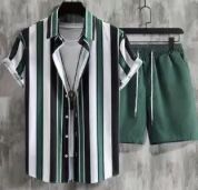 2pcs, Summer Men's Striped Button Up Shirt And Drawstring Shorts Set