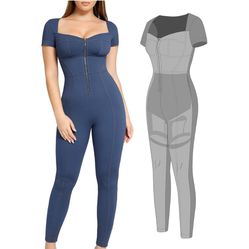 Shapewear Denim Short Sleeve Zip Front Butt Lift Jumpsuit