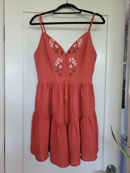 EUC Cute Summer Boho Rusty Orange Embroidered Dress w/ Adjustable Straps