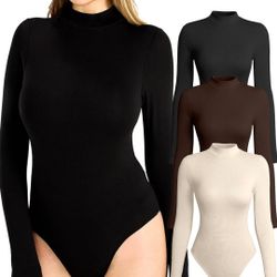 Bodysuits for Women Long Sleeve 3 Pack, Body Suit Mock Turtle Neck, Womens Bodysuit Double Lined Sexy Basic Tops

