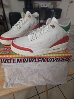 Nike Air Jordan 3 Retro "El Vuelo" sneakers, featuring a white leather upper with striking red and green color blocking inspired by Lucha Libre.