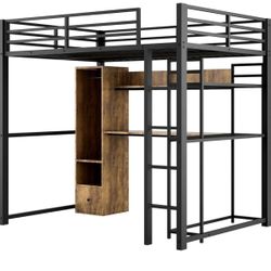 Metal Loft Bed with Desk, Shelves & Wardrobe – Full Size