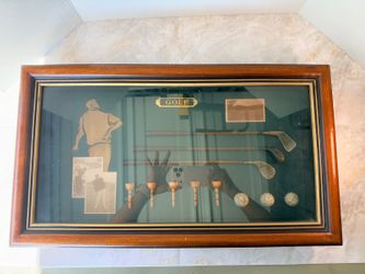 Vintage Golf Shadow Box Display with Wooden Frame and Golf Memorabilia