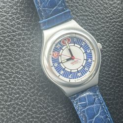 MINT* 1996 Swatch Irony Big PREPPIE YGS1001 Blue Leather Watch *RARE VINTAGE*