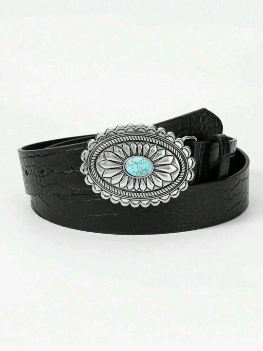 Boho Women's Belt With Vintage Silver Carved Flower & Monk Buckle