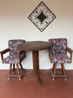Round Wood Table with 2 Upholstered Chairs