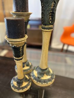 Ornate Green and Cream Candlesticks (SET OF 3)