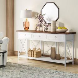 70.8" Console Table with 3 Drawers, Farmhouse Entryway Table with Storage Shelf, Narrow Long Sofa Foyer Table for Entryway, Hallway (White/Brown $120