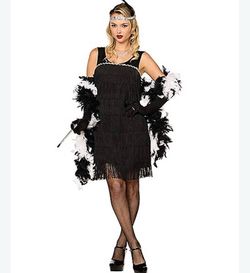 Black fringe dress with silver trim included dress headband gloves and l cigarette size large no package