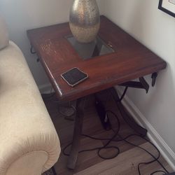 Set of 2 Rustic Glass & Wood End Tables – Excellent Condition