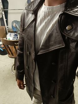 VTG Monarchy Heavy Genuine Leather Peacoat Trench Jacket - Men's XL (Brown)