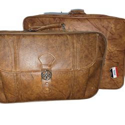 Two Vintage 1970s Faux Leather Large Suitcase Luggage And Carry On Bag