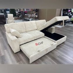 Beige corduroy sectional sleeper sofa with pull out bed