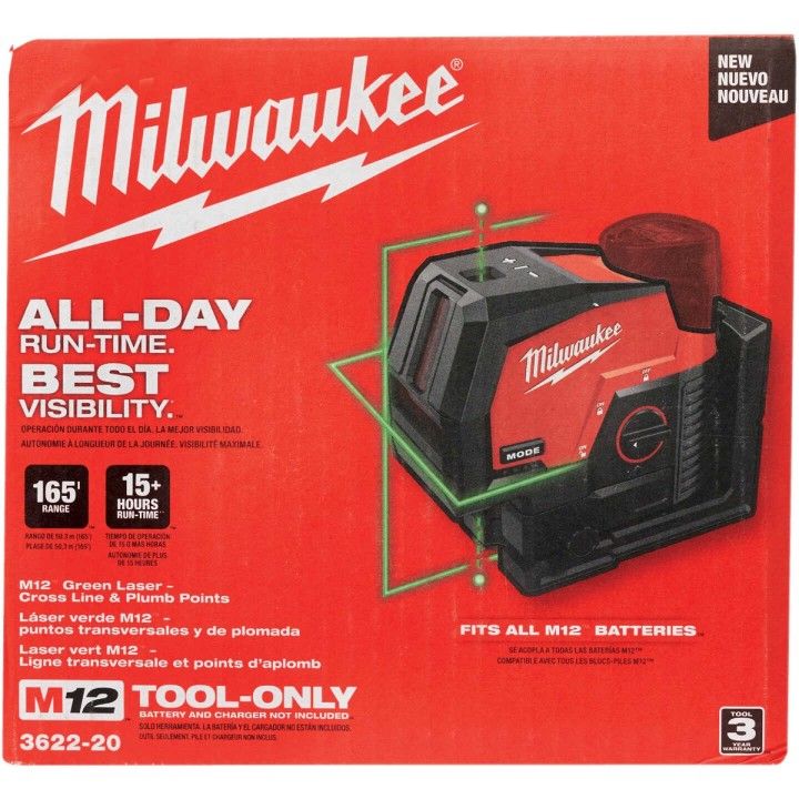 Milwaukee m12 Green Laser - Cross Line & Plumb Points. (Tool Only).