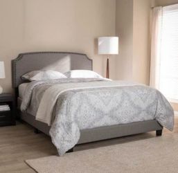 New Queen Size Gray Nailhead Upholstered Bed