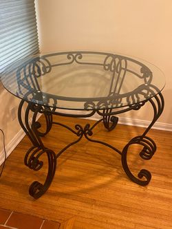 Antique Ornate Heavy Wrought Iron Base Indoor Outdoor Round Glass Top