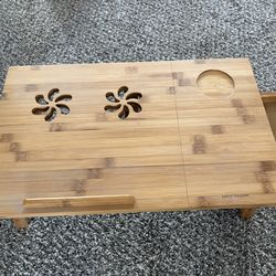 Bamboo Folding Laptop Tray Table with cup holder and storage drawer