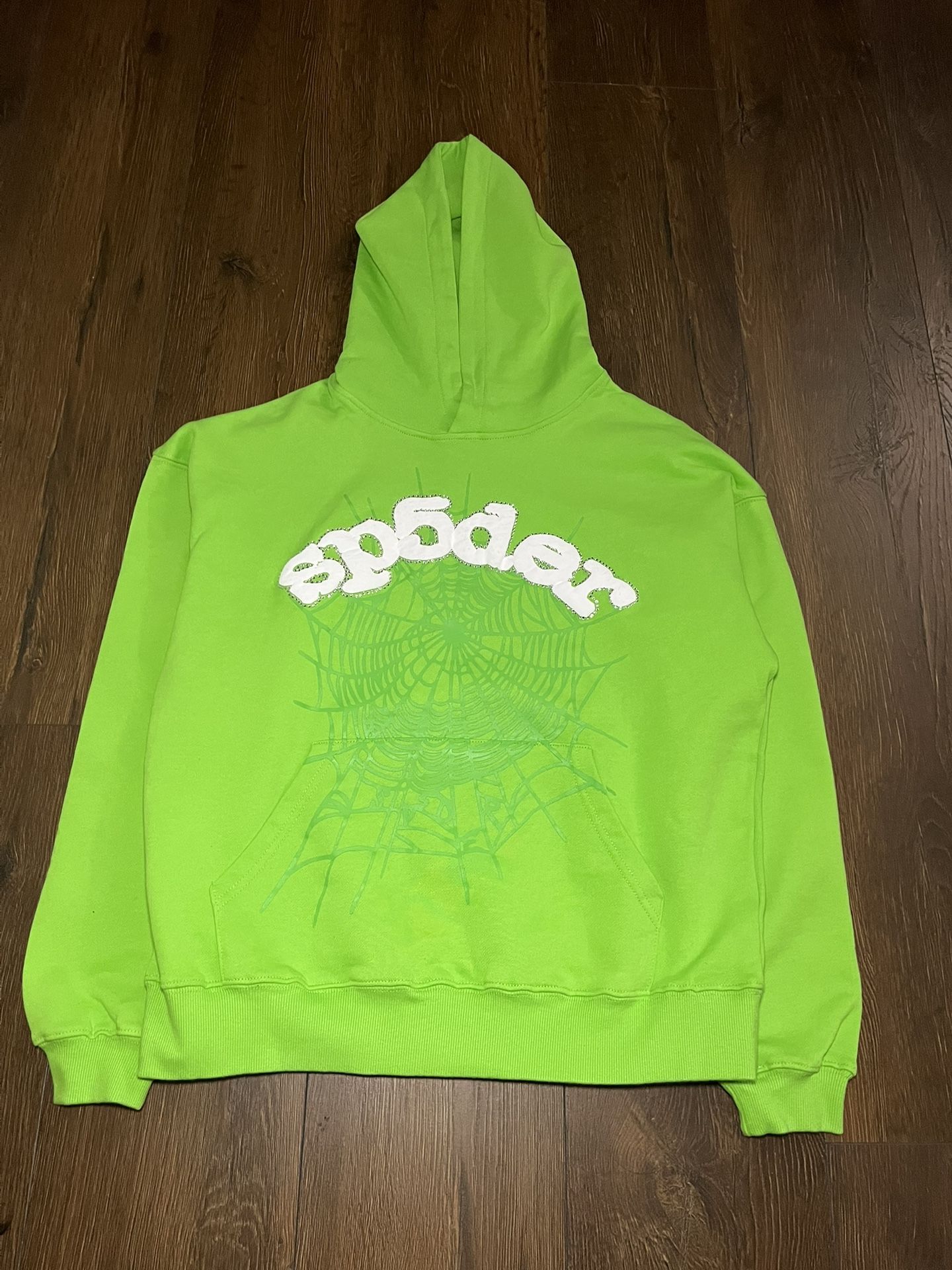 🕸️ Sp5der Rhinestone Web Hoodie – Neon Green 💚 Size S