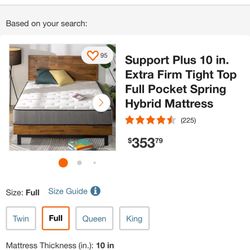 Support Plus 10 in. Extra Firm Tight Top Full Pocket Spring Hybrid Mattress, in excellent condition 