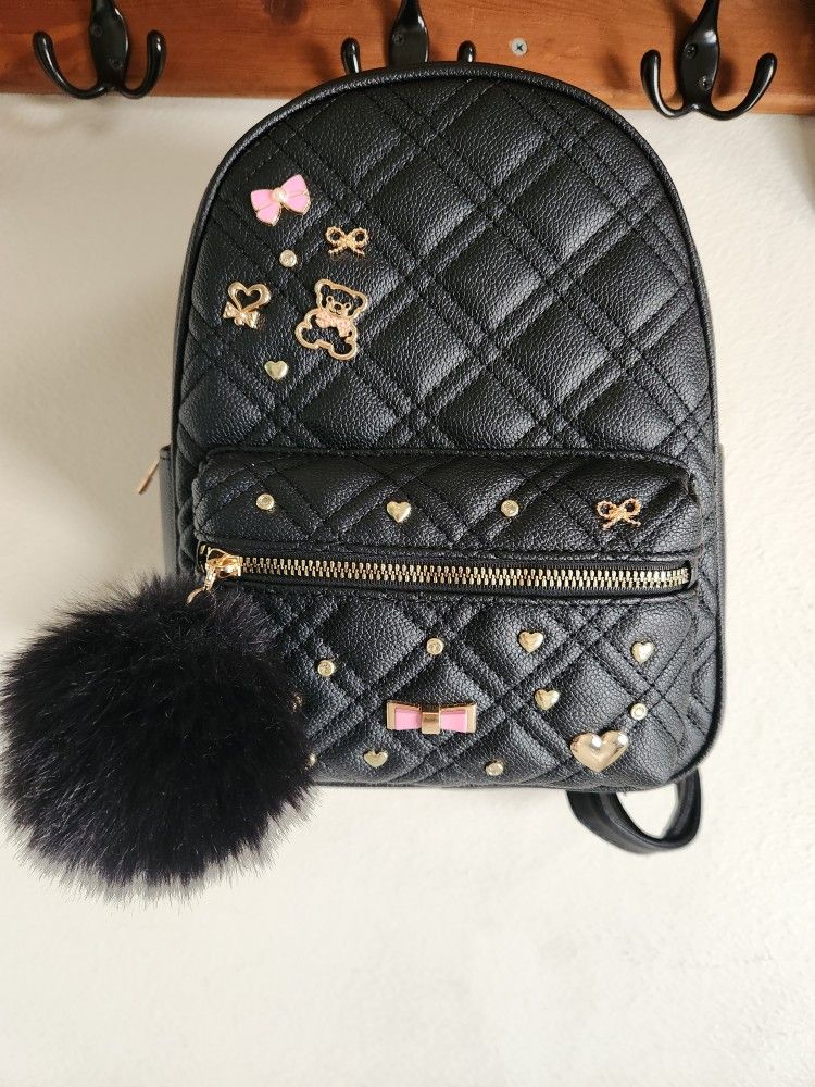 Underonesky Black Quilted Imitation Leather Charm Backpack Purse Back Strap Bag