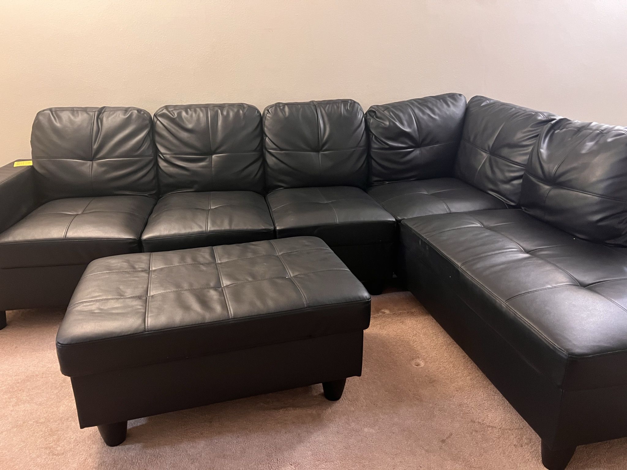 Faux Leather Sectional Sofa With Ottoman And Toss Pillows