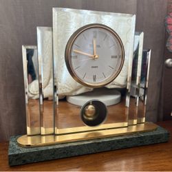 Vintage Art Deco Style Bulova Glass & Marble Quartz Desk Clock / Decor