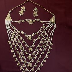 Multi Layered Pearl With Kundan Necklace earring