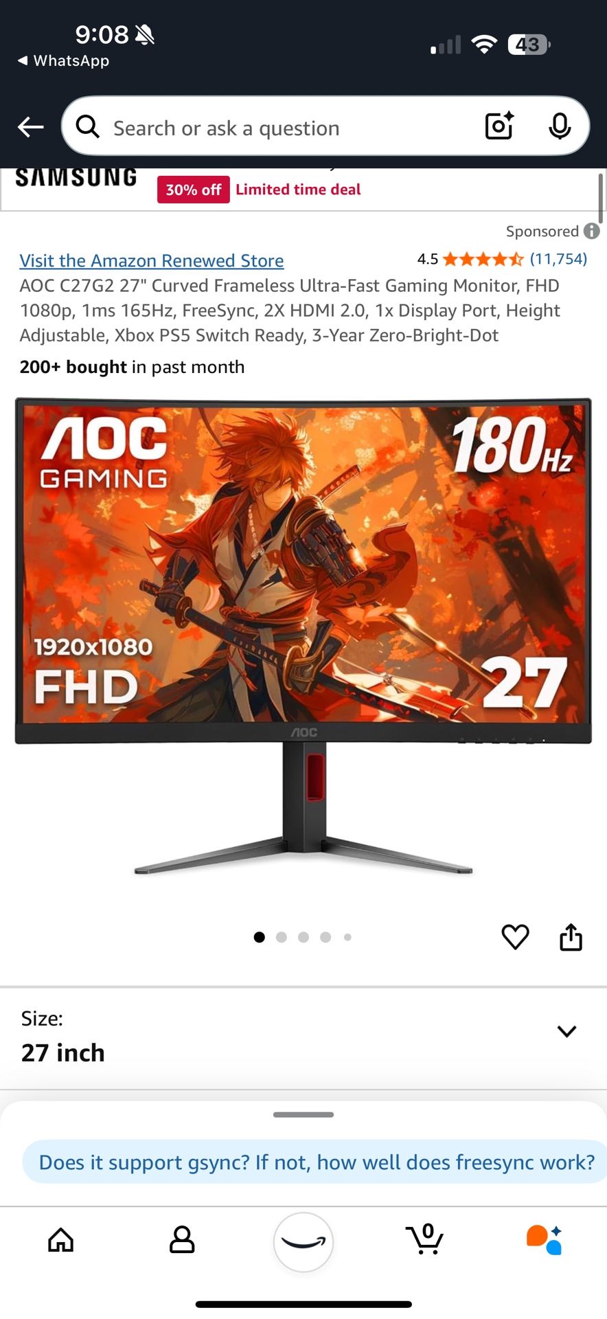 AOC C27G2 27" Curved Frameless Ultra-Fast Gaming Monito