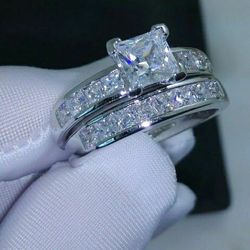 2pcs Princess Cut White Gold Filled Engagement Wedding Rings 