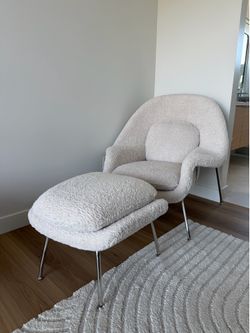 Mid Century Womb Chair with Ottoman Almond Bouclé